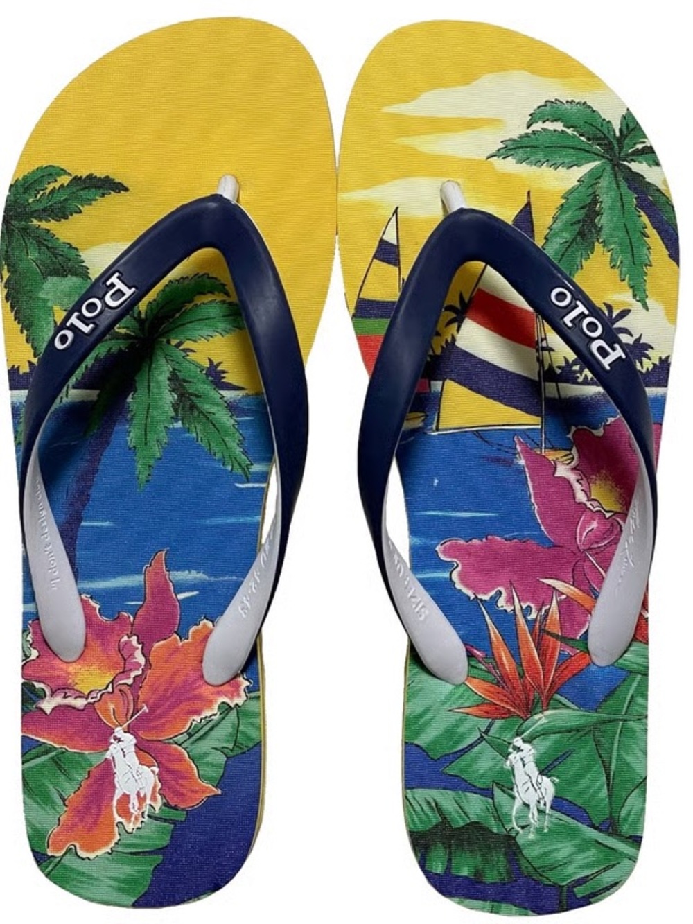 Polo Ralph Lauren Yellow TROPICAL BEACH SCENE Flip Flop Sandals - size 8-13